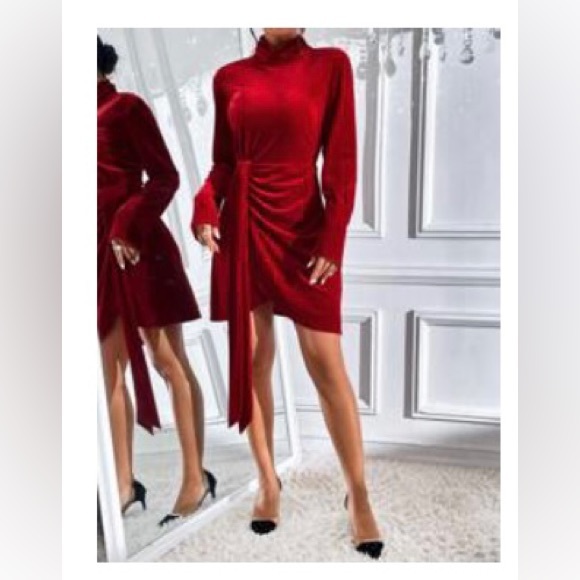 NWOT SHEIN Mock Neck Vibrant Red Velvet Draped Dress, Size Small - Picture 1 of 7